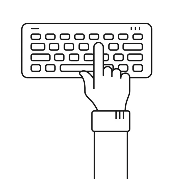 Human Hand Press Button Keyboard Linear Illustration Isolated White Background — Stok Vektör