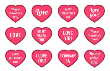 Pink valentines hearts color vector illustration. Pink heart shapes with different romantic love letterings. Valentine day icons. Love and relationships concept