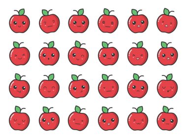 Şirin siyah gözlü kawaii elması. Duygusal yüzlü kawaii meyvesi