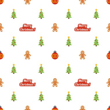 Noeller ve yeni yıl vektörsüz desenleri. Renkli düz ikonlar ve beyaz arka planda mutlu noeller yazıları. Paketleme için yinelenen doku, kağıt üzerindeki desen, ambalajlar ve tekstil