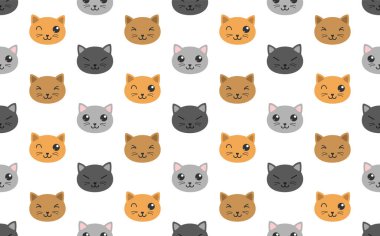 Şirin kawaii kedileri beyaz arka planda renksiz desenler oluştururlar. kawaii renk kediler ambalaj için dokuyu tekrarlayan, kağıt üzerindeki desen, ambalajlar ve tekstil