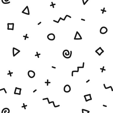 Siyah üçgenler, kareler, haçlar, spiraller, eğriler ve daireler ile beyaz zemin üzerinde geometrik, dikişsiz desen