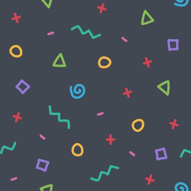 Siyah üçgenler, kareler, haçlar, spiraller, eğriler ve daireler ile beyaz zemin üzerinde geometrik, dikişsiz desen