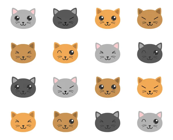 Cute Kawaii Cats Color Flat Vector Illustrations White Background — Vettoriale Stock