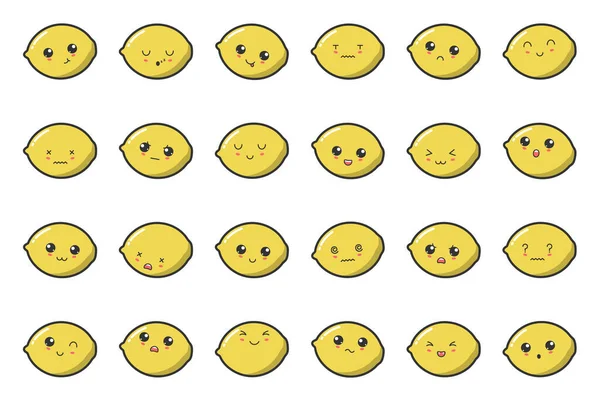Kawaii Lemon Cute Black Eyes Kawaii Fruit Emotional Faces — Archivo Imágenes Vectoriales