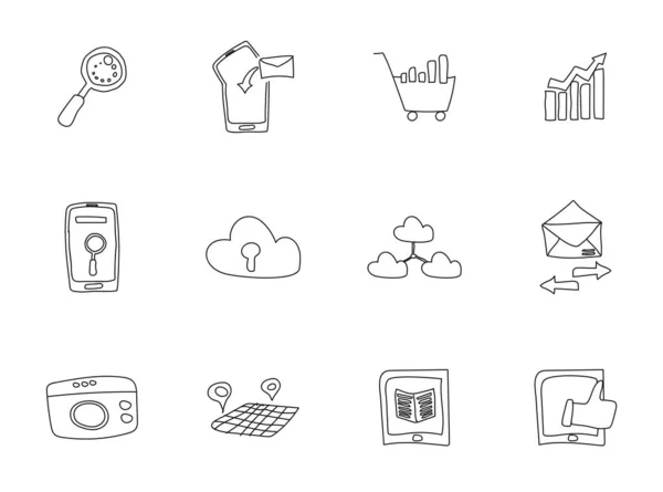 Seo Network Hand Drawn Doodles Isolated White Background Communication Doodle — 스톡 벡터