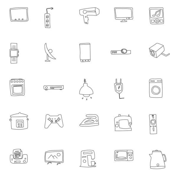 Home Appliances Hand Drawn Linear Vector Icons Isolated White Background — Stok Vektör