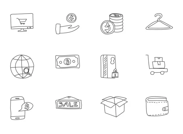 Commerce Hand Drawn Linear Vector Icons Isolated White Background Commerce — Vettoriale Stock