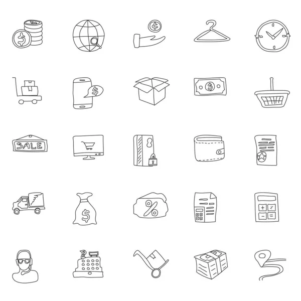 Commerce Hand Drawn Linear Doodles Isolated White Background Commerce Icon — Vettoriale Stock