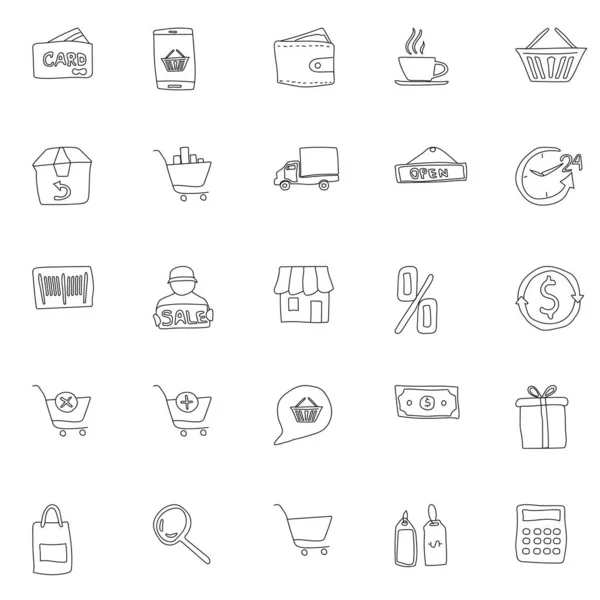 Shopping Hand Drawn Linear Vector Icons Isolated White Background Shopping — Vettoriale Stock