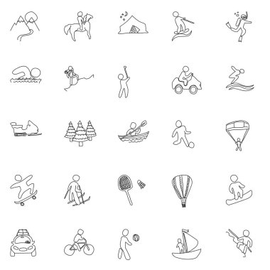 active recreation hand drawn linear doodles isolated on white background. active recreation icon set for web and ui design, mobile apps and print products