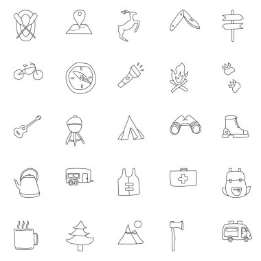 Beyaz arka planda izole edilmiş doğrusal karalamalar çizilmiş. Web ve ui tasarımı, mobil uygulamalar ve yazdırma ürünleri için kamp simgesi seti