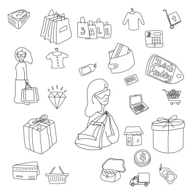 black friday doodles isolated on white. black friday icon set for web design, user interface, mobile apps and print