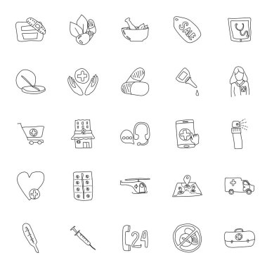 Çevrimiçi eczane eli beyaz arka planda izole edilmiş doğrusal karalamalar çizdi. Web ve ui tasarımı, mobil uygulamalar ve yazdırma ürünleri için çevrimiçi eczane simgesi seti