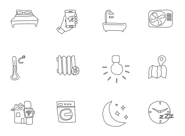 Smart House Doodles Isolated White Smart House Icon Set Web — 스톡 벡터