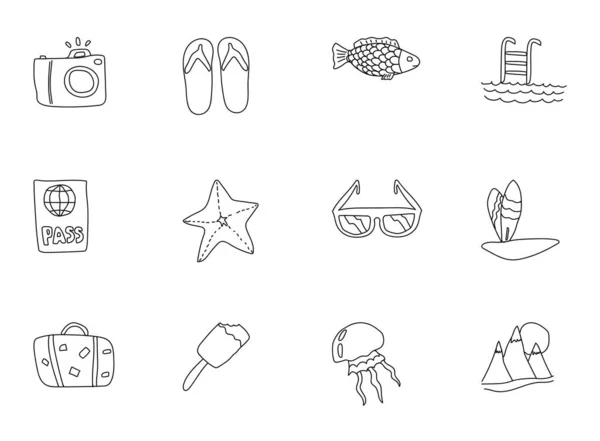 Garabatos Verano Aislados Blanco Conjunto Iconos Verano Para Diseño Web — Vector de stock