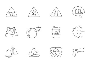 Beyaza izole edilmiş uyarı karalamaları. Web tasarımı, kullanıcı arayüzü, mobil uygulamalar ve yazdırma için uyarı simgesi ayarlandı