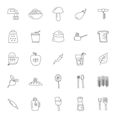 Yemek ve mutfak işleri beyaz arka planda izole edilmiş doğrusal karalamalar çiziyor. Web ve ui tasarımı, mobil uygulamalar ve yazdırma ürünleri için yiyecek ve mutfak simgesi seti
