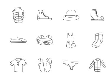 Giysiler el çizimi doğrusal vektör simgeleri beyaz arkaplanda izole. Web ve ui tasarımı, mobil uygulamalar ve yazdırma ürünleri için kıyafet karalama simgesi seti