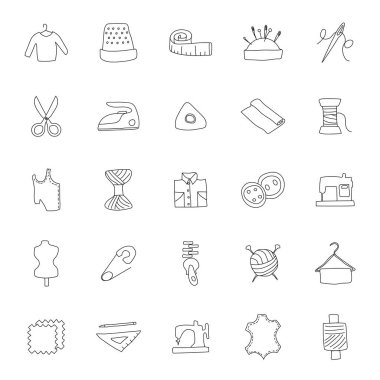 tailoring hand drawn linear doodles isolated on white background. tailoring icon set for web and ui design, mobile apps and print products