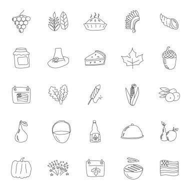 Şükran Günü 'nde beyaz arka planda izole edilmiş doğrusal karalamalar çizdim. Web ve ui tasarımı, mobil uygulamalar ve yazdırma ürünleri için Şükran Günü simgesi