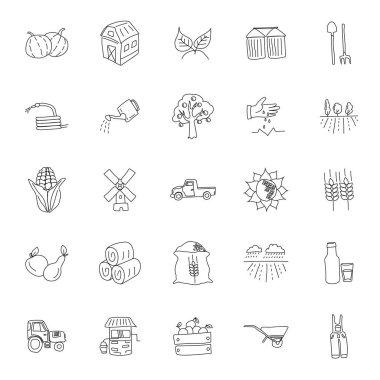Beyaz arka planda izole edilmiş tarımsal ve tarımsal el çizimleri. Web ve ui tasarımı, mobil uygulamalar ve yazdırma ürünleri için tarım ve tarım simgesi seti