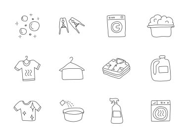Çamaşırhane eli beyaz arka planda izole edilmiş doğrusal vektör simgeleri çizdi. Web ve ui tasarımı, mobil uygulamalar ve yazdırma ürünleri için çamaşır karalama simgesi seti