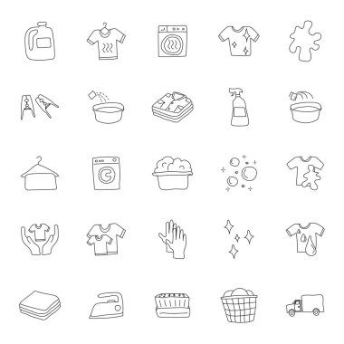 Çamaşırhane el çizimleri beyaz arkaplanda izole edilmiş doğrusal karalamalar. Web ve ui tasarımı, mobil uygulamalar ve yazdırma ürünleri için çamaşır ikonu seti