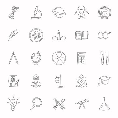 Beyaz arka planda izole edilmiş doğrusal karalamalar çizdim. Web ve ui tasarımı, mobil uygulamalar ve yazdırma ürünleri için bilim simgesi seti