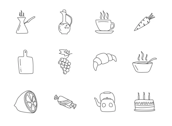 Food Kitchen Hand Drawn Linear Vector Icons Isolated White Background — Stockový vektor