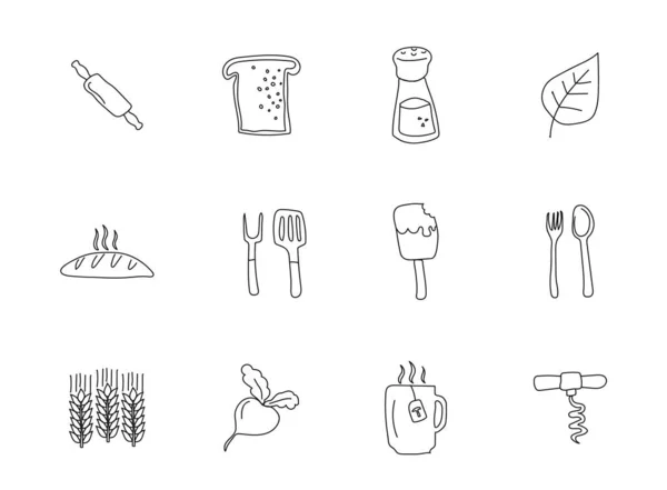 被白色隔离的食物和厨房涂鸦 食品和厨房图标集 用于网页设计 用户界面 移动应用程序和打印 — 图库矢量图片