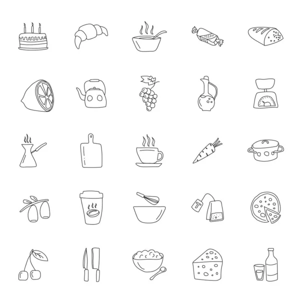 Food Kitchen Hand Drawn Linear Doodles Isolated White Background Food — Stockový vektor