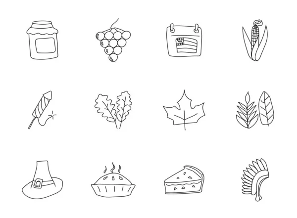 Thanksgiving Hand Drawn Linear Vector Icons Isolated White Background Thanksgiving — Stockový vektor