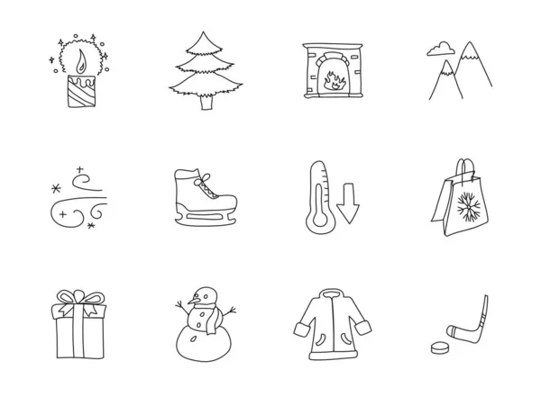 Winter Handgezeichnete Lineare Vektorsymbole Isoliert Auf Weißem Hintergrund Winter Doodle — Stockvektor