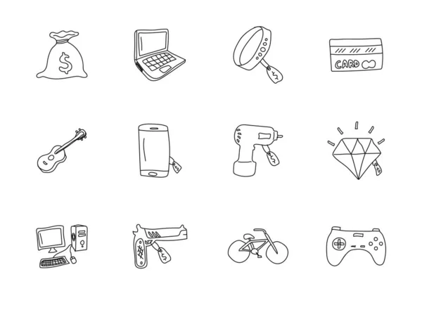 Pawnshop Hand Drawn Linear Vector Icons Isolated White Background Pawnshop — Stok Vektör