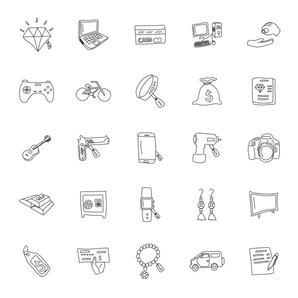 Pawnshop Hand Drawn Linear Doodles Isolated White Background Pawnshop Icon — 스톡 벡터