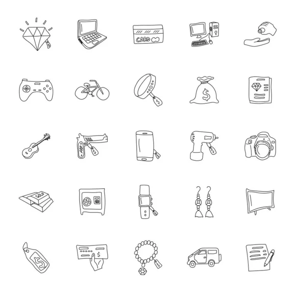 Pawnshop Hand Drawn Linear Doodles Isolated White Background Pawnshop Icon — стоковый вектор