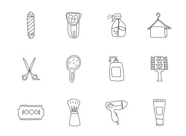 Barber shop hand drawn linear vector icons isolated on white background. barber shop doodle icon set for web and ui design, mobile apps and print produ