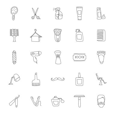 barber shop hand drawn linear doodles isolated on white background. barber shop icon set for web and ui design, mobile apps and print products