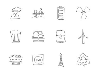 Enerji el çizimi doğrusal vektör simgeleri beyaz arkaplanda izole edildi. Web ve ui tasarımı, mobil uygulamalar ve yazdırma ürünleri için enerji karalama simgesi seti