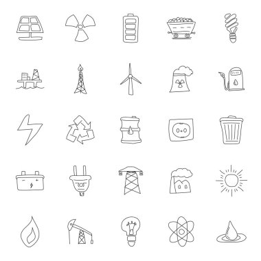 Enerji el çizimleri beyaz arka planda izole edilmiş doğrusal karalamalar. Web ve ui tasarımı, mobil uygulamalar ve yazdırma ürünleri için enerji simgesi seti