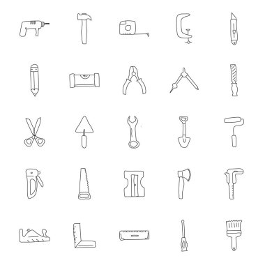 work tools hand drawn linear doodles isolated on white background. work tools icon set for web and ui design, mobile apps and print products