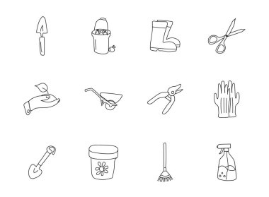 Beyaz arka planda izole edilmiş doğrusal vektör simgeleri çizdim. Web ve ui tasarımı, mobil uygulamalar ve yazdırma ürünleri için bahçe karalama simgesi seti