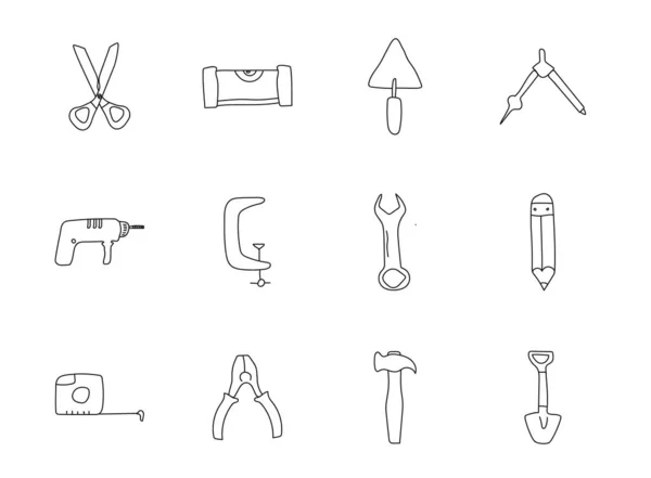 Work Tools Hand Drawn Linear Vector Icons Isolated White Background — Vector de stock