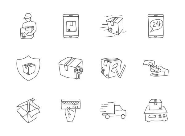 Delivery Doodles Isolated White Delivery Icon Set Web Design User — 스톡 벡터