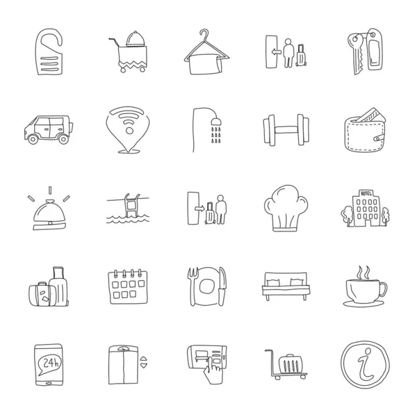Hotel Hand Drawn Linear Doodles Isolated White Background Hotel Icon — 스톡 벡터