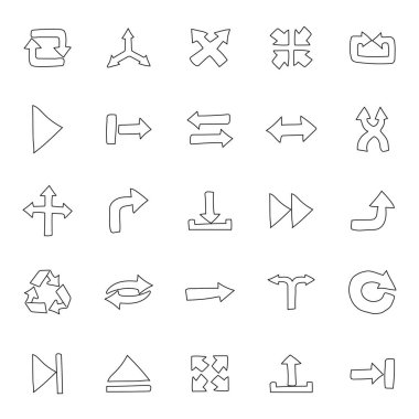 Oklar beyaz arkaplanda izole edilmiş doğrusal karalamalar çiziyor. Web ve ui tasarımı, mobil uygulamalar ve yazdırma ürünleri için ok simgesi seti