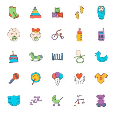 baby hand drawn linear doodles isolated on white background. baby icon set for web and ui design, mobile apps and print products