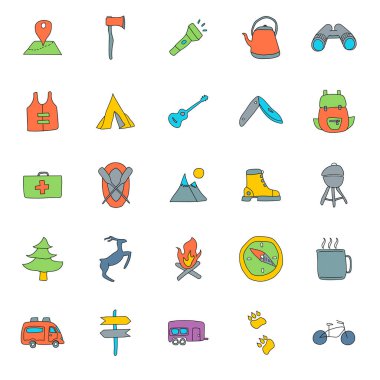 Beyaz arka planda izole edilmiş doğrusal karalamalar çizilmiş. Web ve ui tasarımı, mobil uygulamalar ve yazdırma ürünleri için kamp simgesi seti