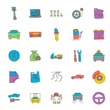 Araba servisi beyaz arka planda izole edilmiş doğrusal karalamalar çizdi. Web ve ui tasarımı, mobil uygulamalar ve yazdırma ürünleri için araba servis simgesi seti